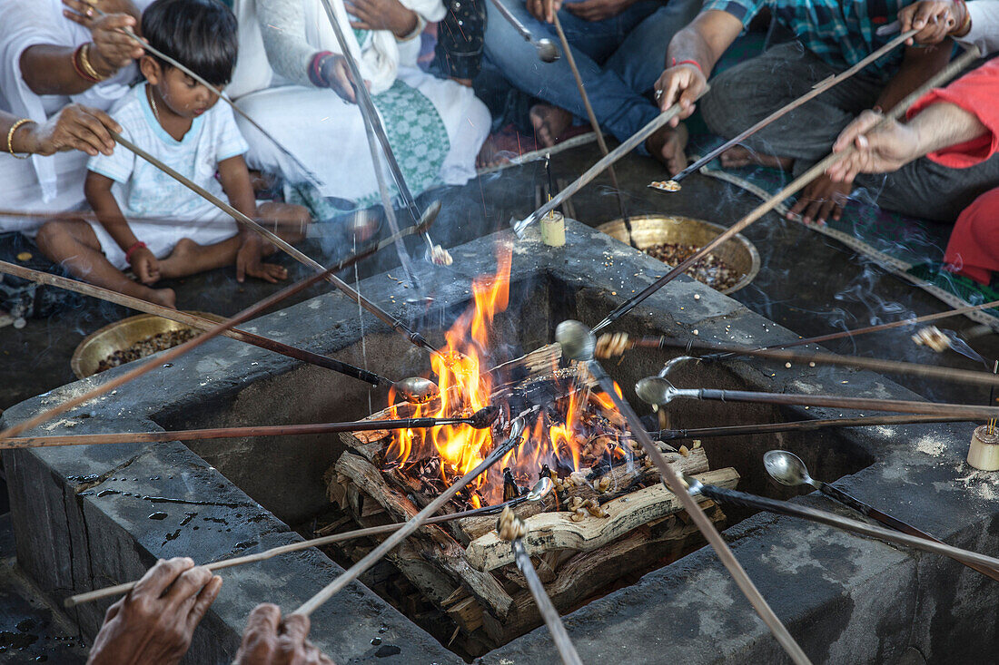 Hawan ,offering to fire god, at Karbi Anglong District Brahma Dharma Jyoti Mondir, Langhin Manikpur, Assam, India, Asia