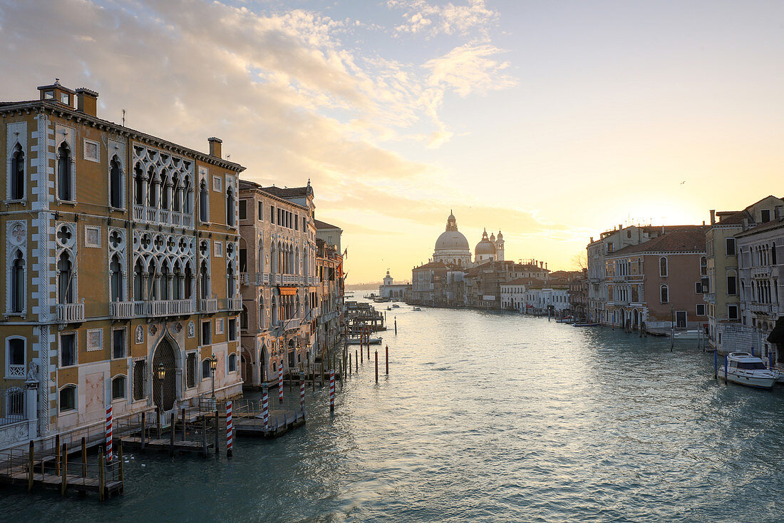 Blick auf den Canal Grande in Richtung Santa Maria Della Salute von der Accademia-Brücke bei Sonnenaufgang, Venedig, UNESCO-Weltkulturerbe, Veneto, Italien, Europa