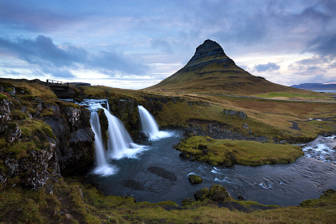 Mountain river with Kirkjufell ,Church Mountain, in background, Grundafjordur, Snaefellsnes Peninsula, Iceland, Polar Regions