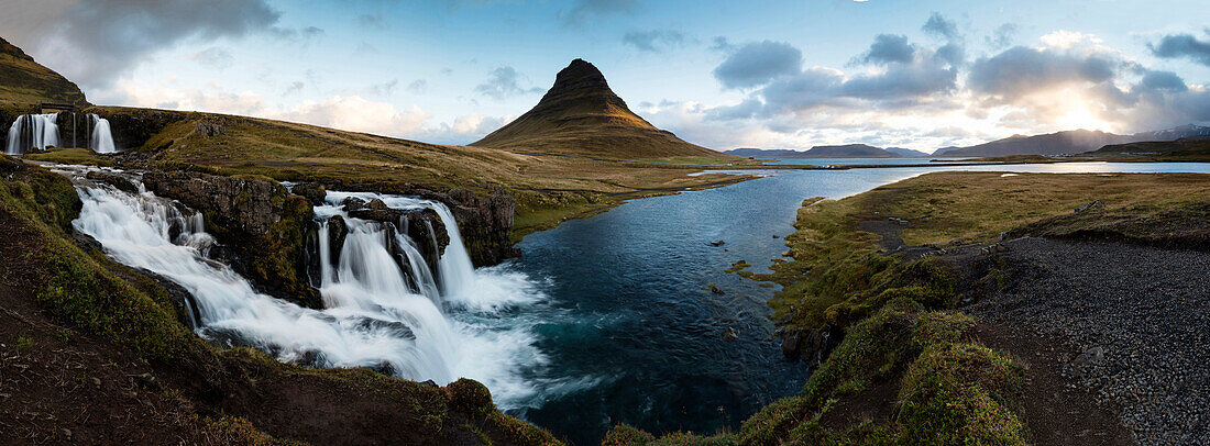 Panoramic view of Kirkjufell ,Church Mountain, and mountain stream, Grundafjordur, Snaefellsnes Peninsula, Iceland, Polar Regions