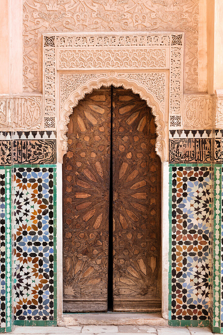 Wall of Ben Youssef Madrasa ,ancient Islamic college, UNESCO World Heritage Site, Marrakech, Morocco, North Africa, Africa