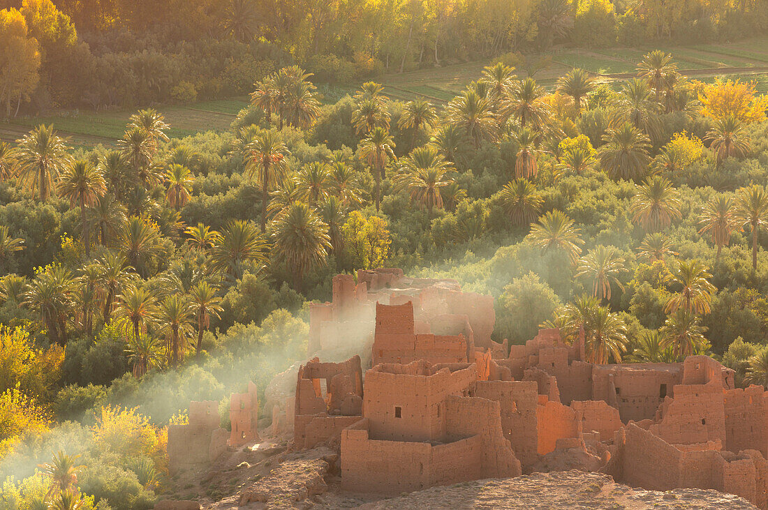 Ruined kasbah in the palmerie near Tinerhir, with smoke from fire swirling through the palm trees, Morocco, North Africa, Africa