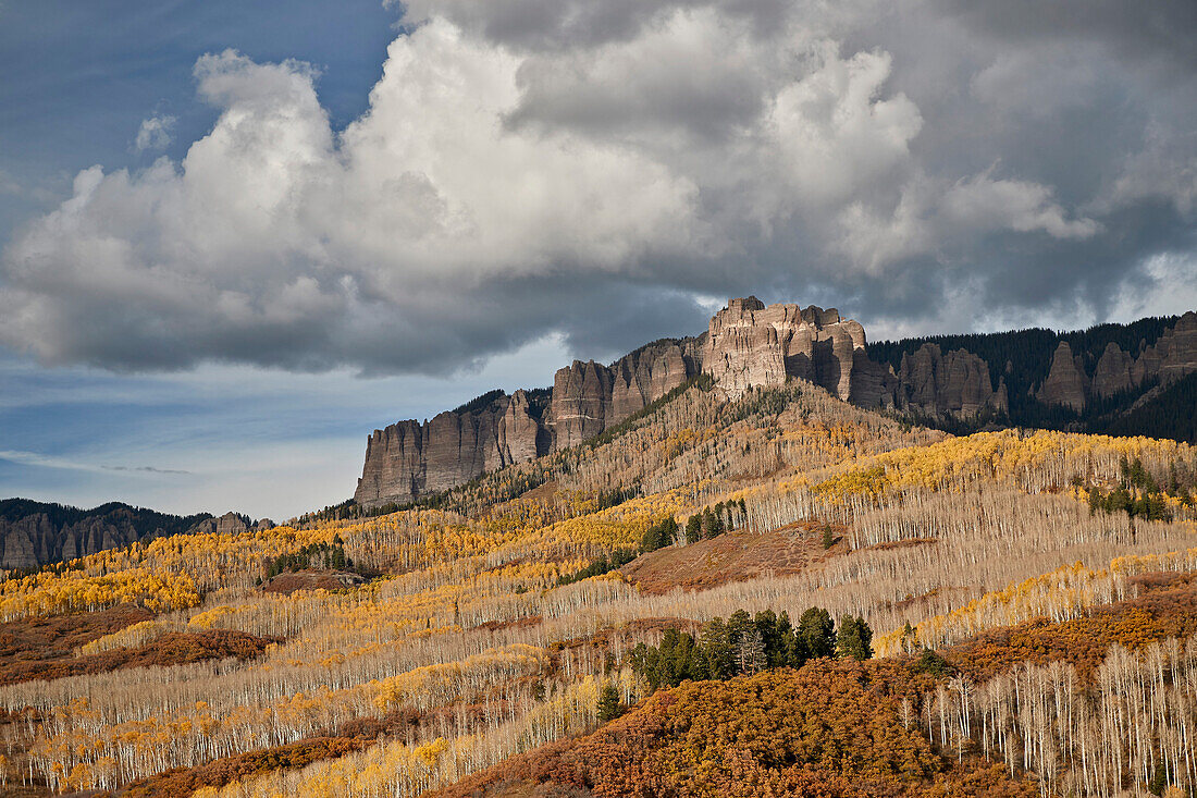 Clouds over the palisades at Owl Creek Pass in the fall, Uncompahgre National Forest, Colorado, United States of America, North America