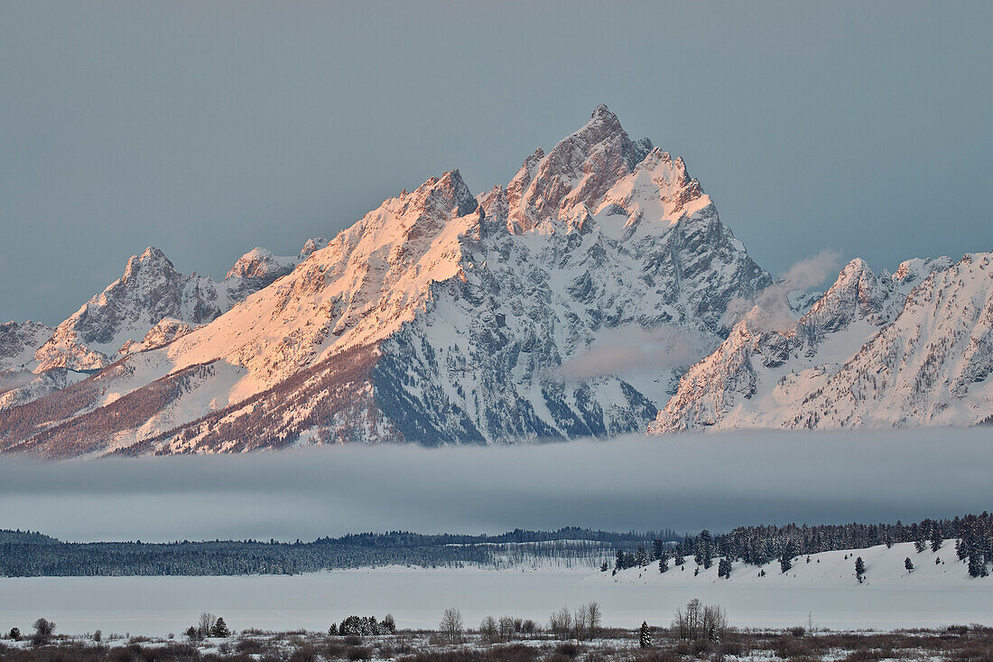 Mount Moran im Winter mit Schnee, Grand Teton National Park, Wyoming, Vereinigte Staaten von Amerika, Nordamerika