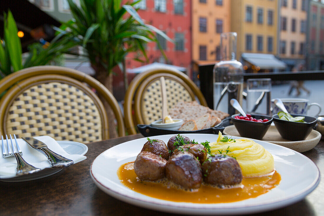 Traditional Swedish dish of meatballs, Old Town Square, Gamla Stan, Stockholm, Sweden, Scandinavia, Europe