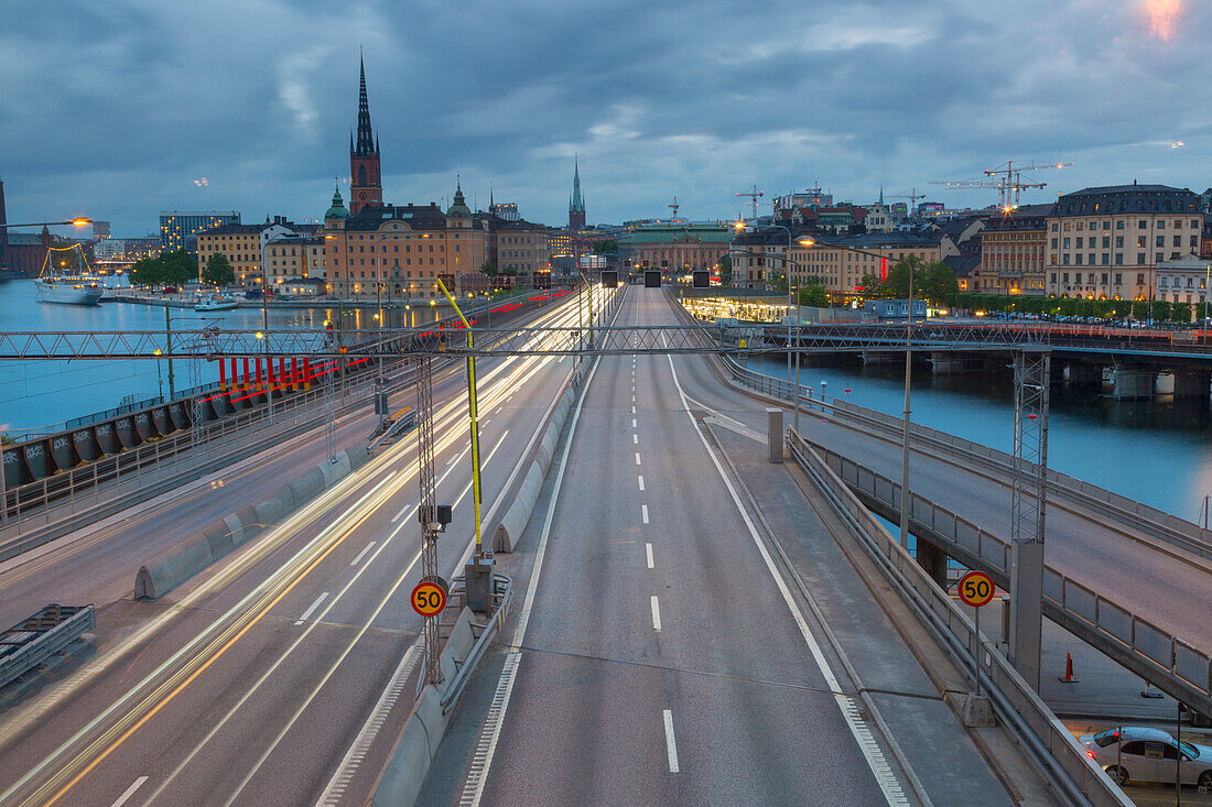 Riddarholmen Church and city skyline, Centralbron from Sodermalm, Stockholm, Sweden, Scandinavia, Europe