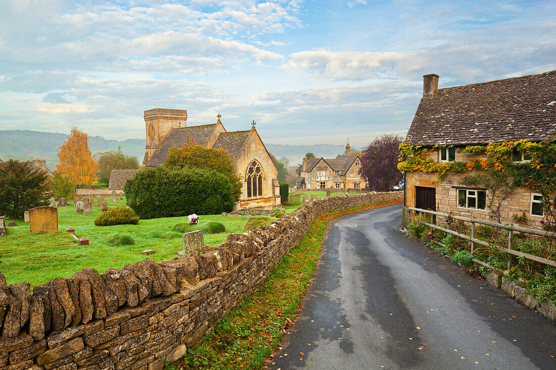 St. Barnabas church and Cotswold village in autumn, Snowshill, Cotswolds, Gloucestershire, England, United Kingdom, Europe