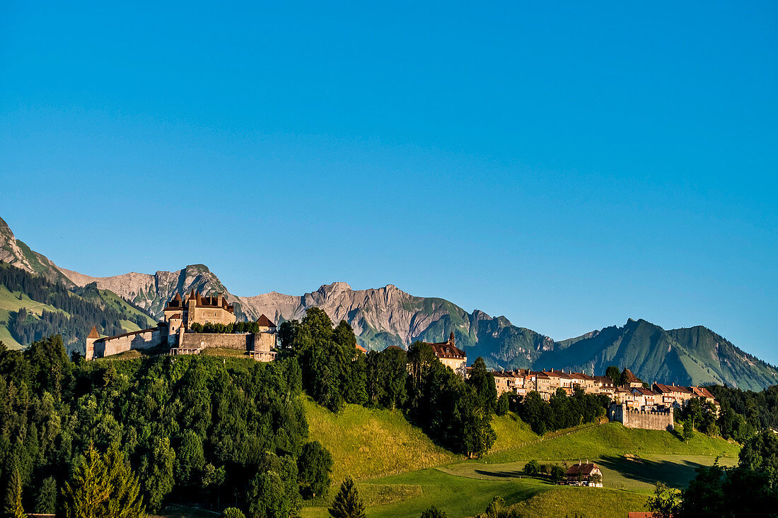 Blick auf das Dorf Gruyère, Gruyère, Kanton Freiburg, Schweiz