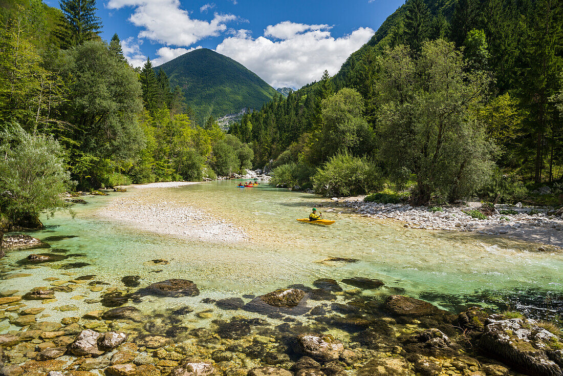 River Soca with canoeists, Gorenjska, Upper Carniola, Triglav National Park, Julian Alps, Slovenia