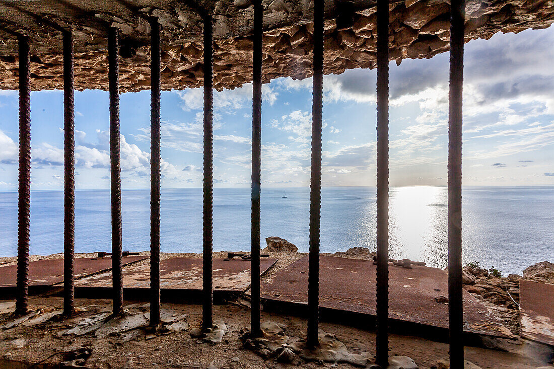 Inside the bunker Mirador del Aguila close to the lighthouse of Cap Blanc, Mallorca, Balearic Islands, Spain