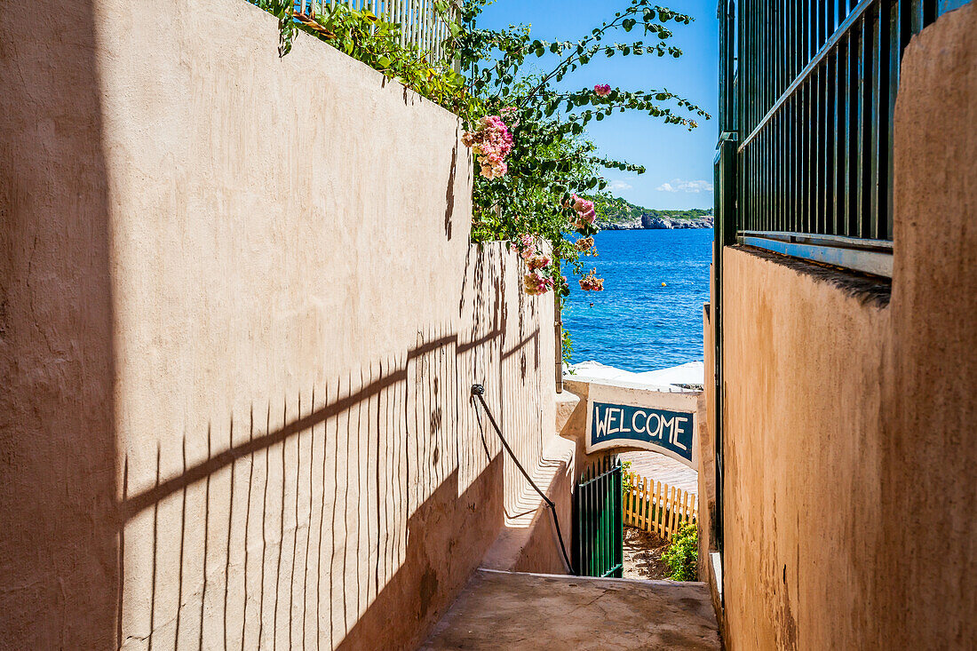 Entrance to beach restaurant, Calo des Mac, Palma de Mallorca, Majorca, Balearic Islands, Mediterranean Sea, Spain, Europe