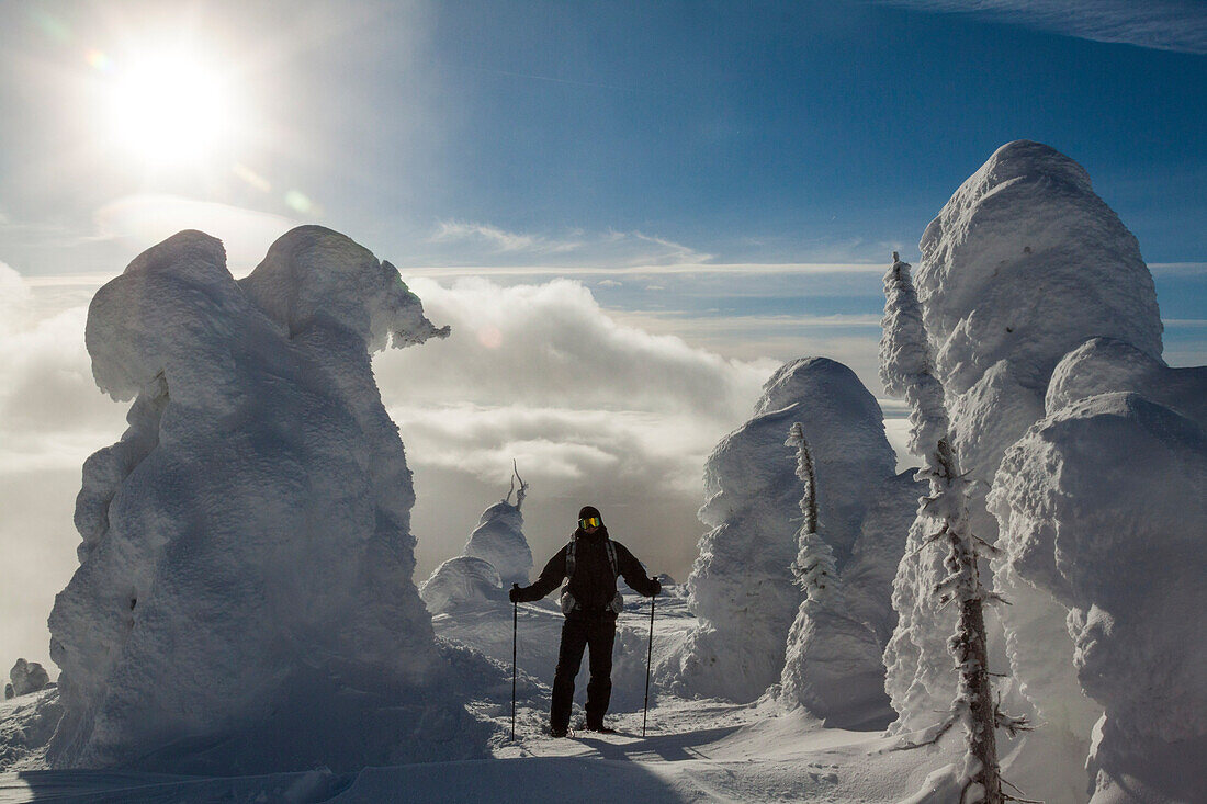 Schneeschuhwandern durch verschneite Bäume auf Big White Mountain, British Columbia, Kanada