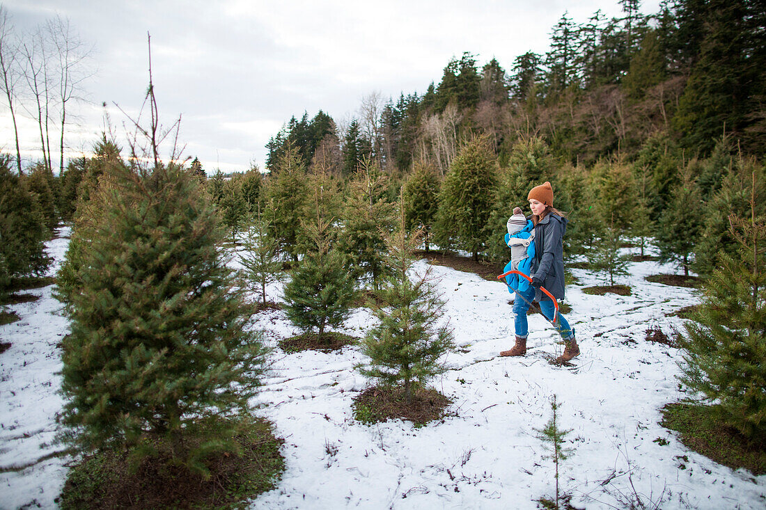 Mutter mit Baby im Träger und in der Holding sah am Weihnachtsbaumbauernhof, Langley, Britisch-Columbia, Kanada
