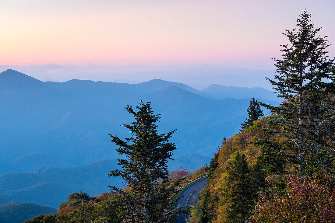 United States, North Carolina, Jackson County. Blue Ridge Mountains from Waterrock Knob at dawn, Blue Ridge Parkway.