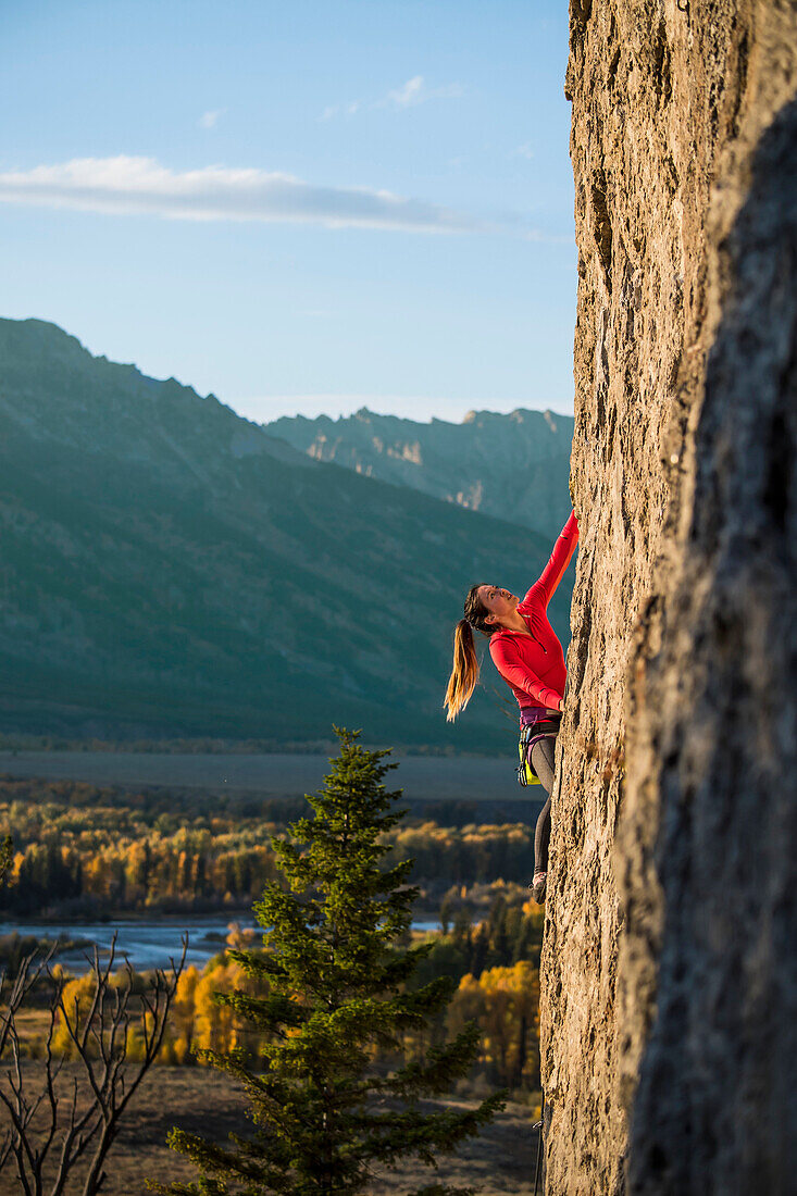 Female climber climbing in Teton Range during autumn, Wyoming, USA