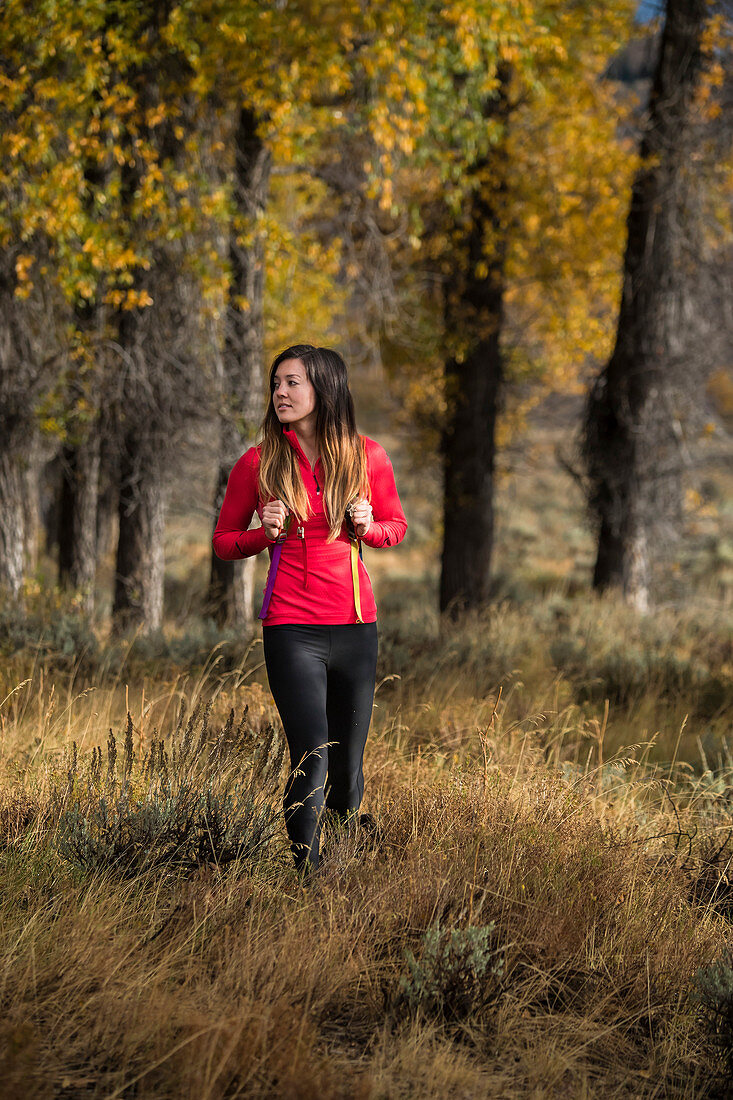Weiblicher Wanderer, der durch hohes Gras im Herbst, Wyoming, USA geht.