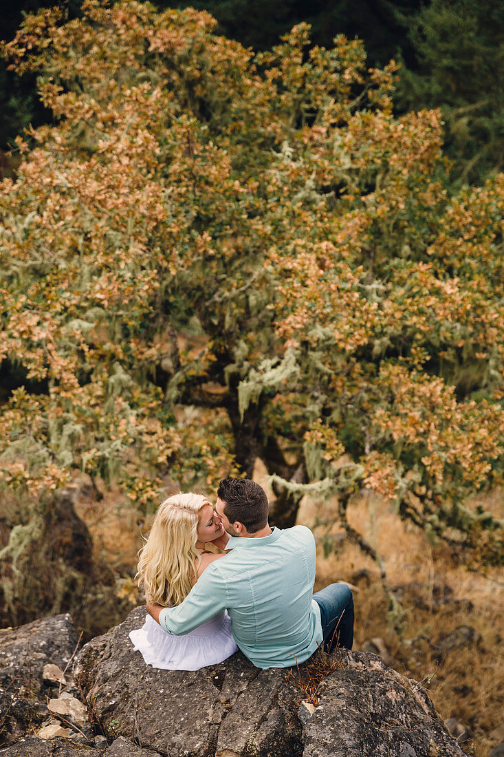 Hintere Ansicht von den jungen Paaren, die auf Hügel, Eugene, Oregon, USA umarmen und sitzen