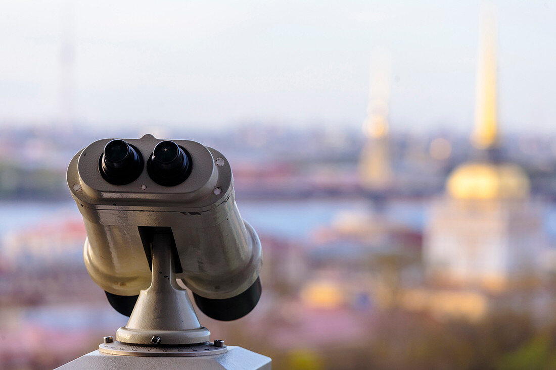 Binoculars on observation deck on roof of St. Isaacs Cathedral, St. Petersburg, Russia