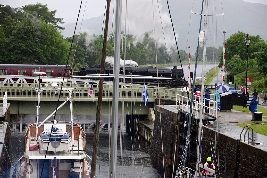 Steamtrain at the locks of Banavie near Fort WilliamScotland