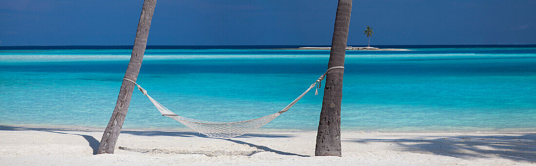Panoramic view of a hammock between two palm trees, Gili Lankanfushi Island, Maldives