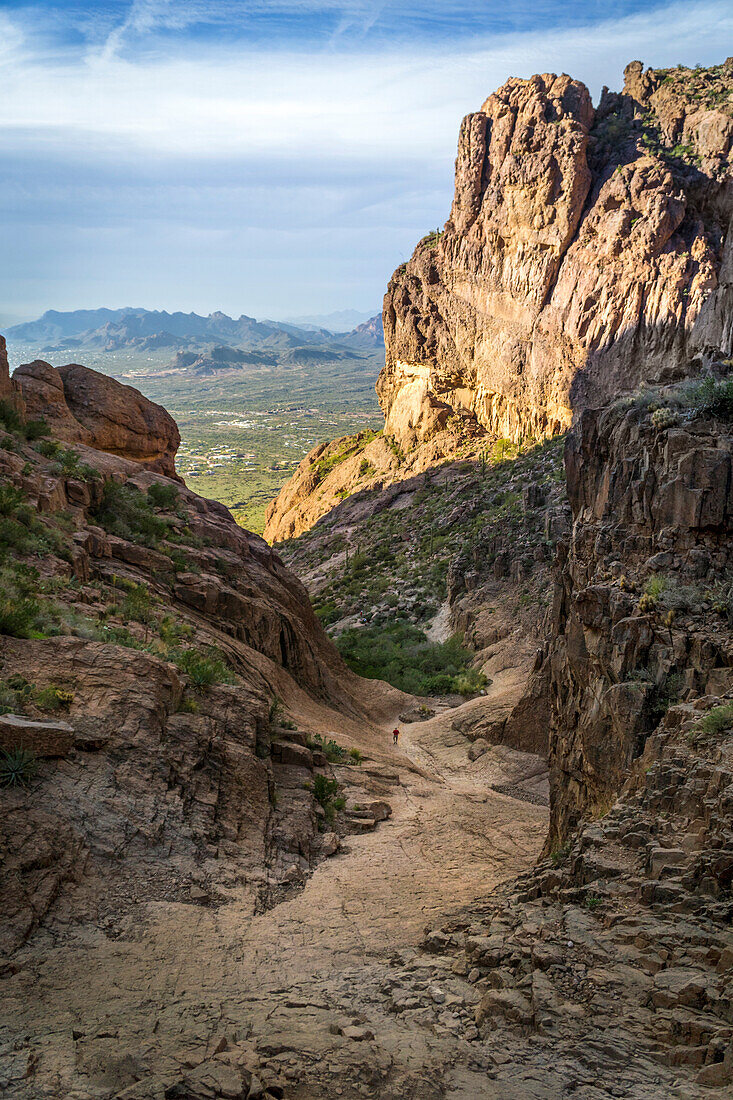 Loneliness of a Person Hiking on Desert Trail at Lost Dutchman National Park, Arizona, USA