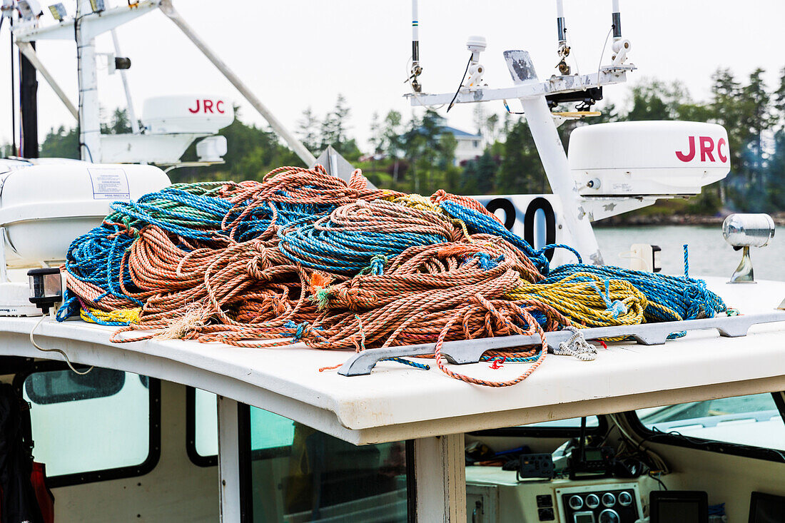 Rope on top of a lobster boat at Potts Harbor lobster in Harpswell, Maine