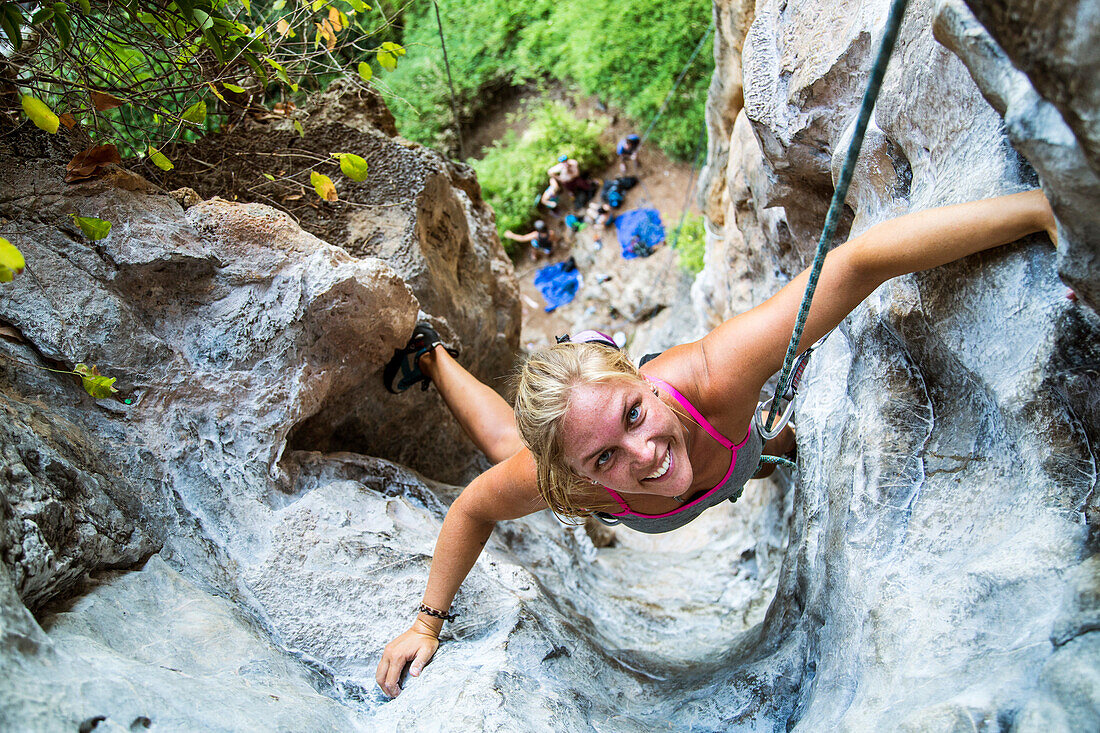 A Matilda Lindstrom climbing the Nut Tube in Thailand
