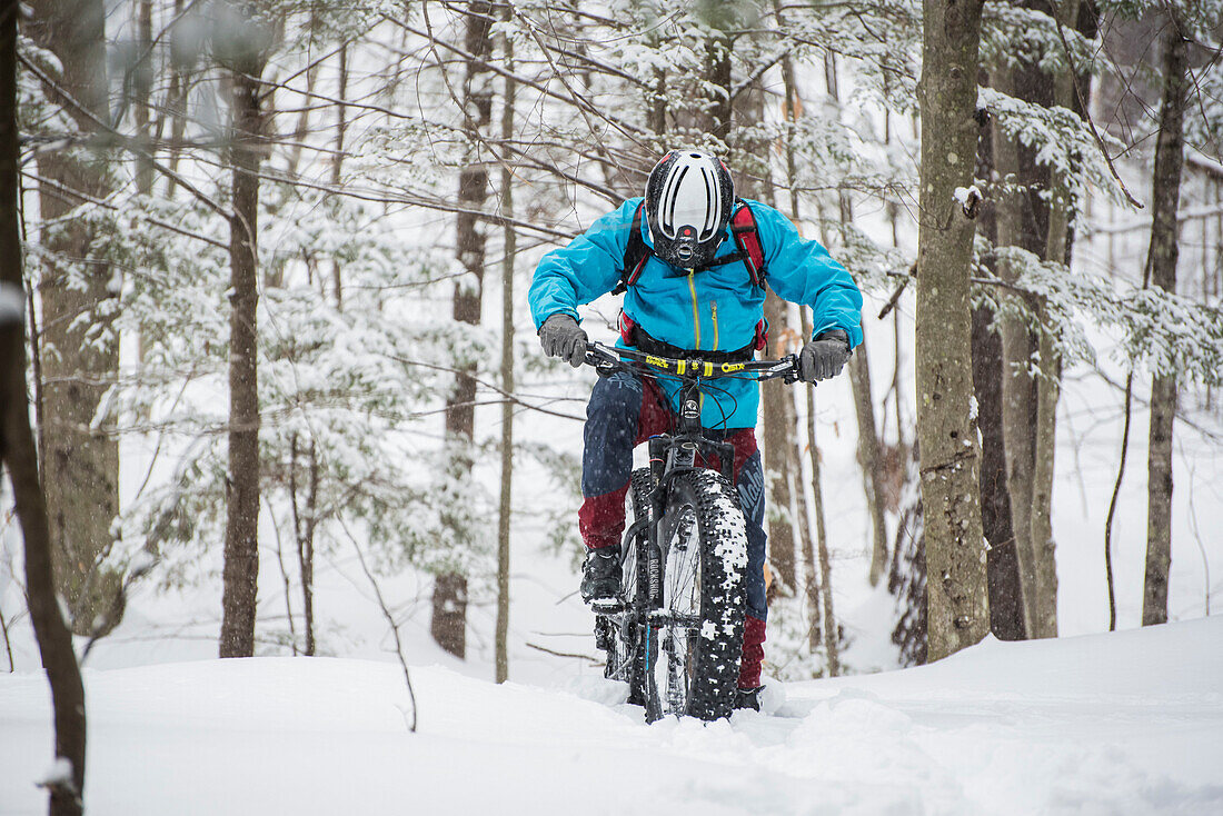 Winter riding in the snow and in the woods of New Hampshire.