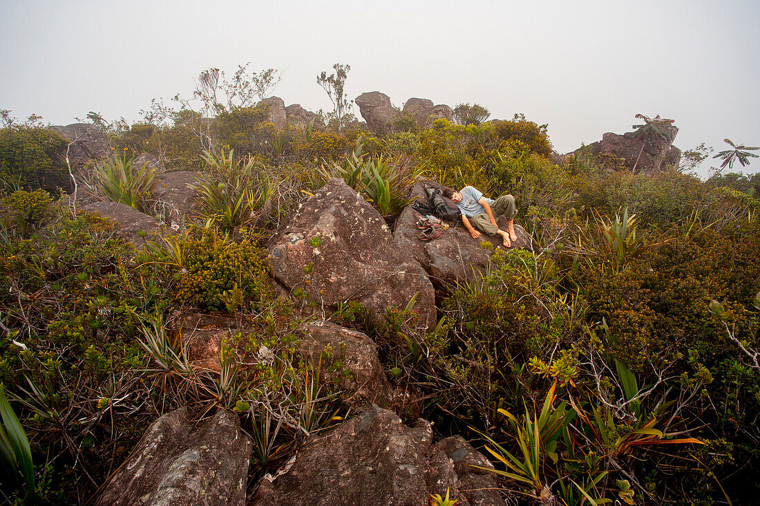 Mann erschöpft ruht auf dem Gipfel eines tepui- Venezuela-Expeditionsdschungels, der zu Amuri tepuy und zu Tuyuren Wasserfällen, mit Nicolas Favresse, Sean Villanueva, Stephane Hanssens und Jean Louis Wertz jamming ist. Das Team klettert kostenlos zu neue