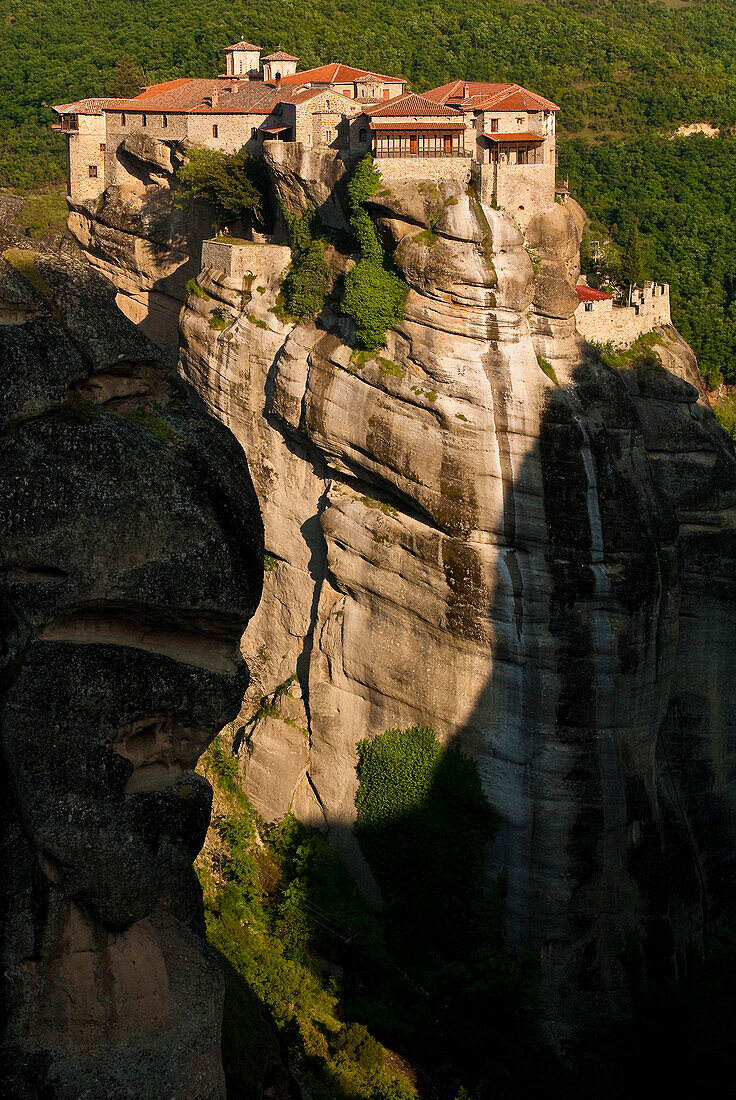 Europe, Grece, Plain of Thessaly, Valley of Penee, World Heritage of UNESCO since 1988, Orthodox Christian monasteries of Meteora perched atop impressive gray rock masses sculpted by erosion, Monastery of Varlaam