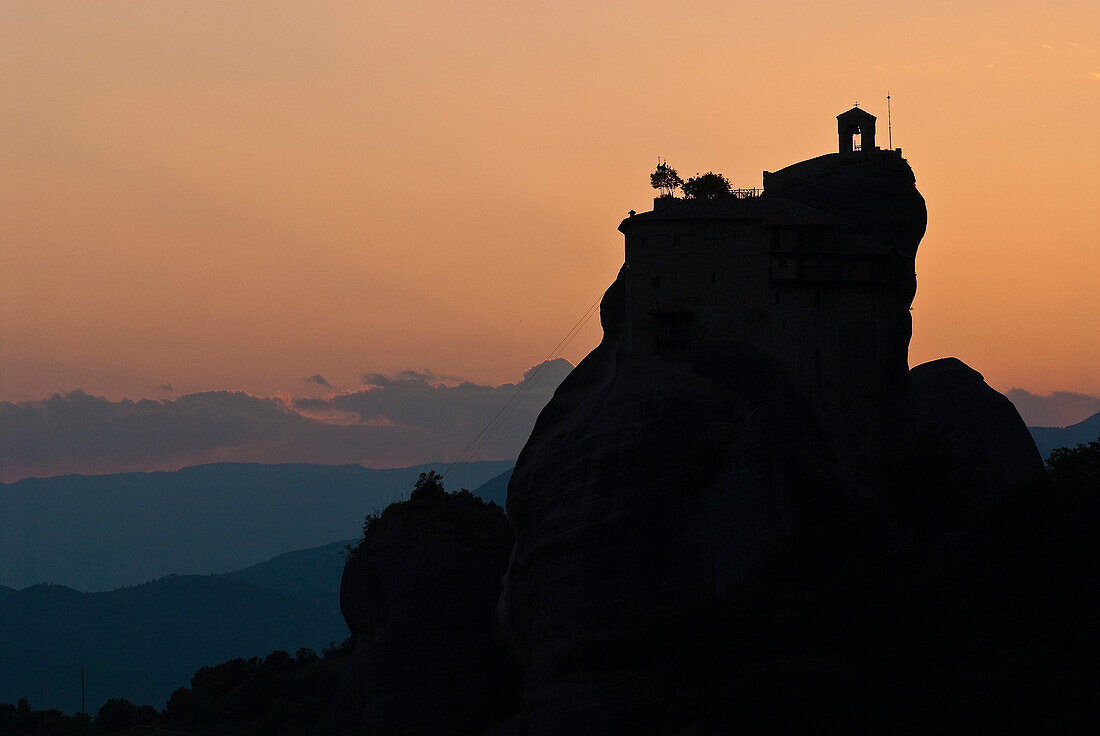 Europe, Grece, Plain of Thessaly, Valley of Penee, World Heritage of UNESCO since 1988, Orthodox Christian monasteries of Meteora perched atop impressive gray rock masses sculpted by erosion, Monastery of Saint Nicolas