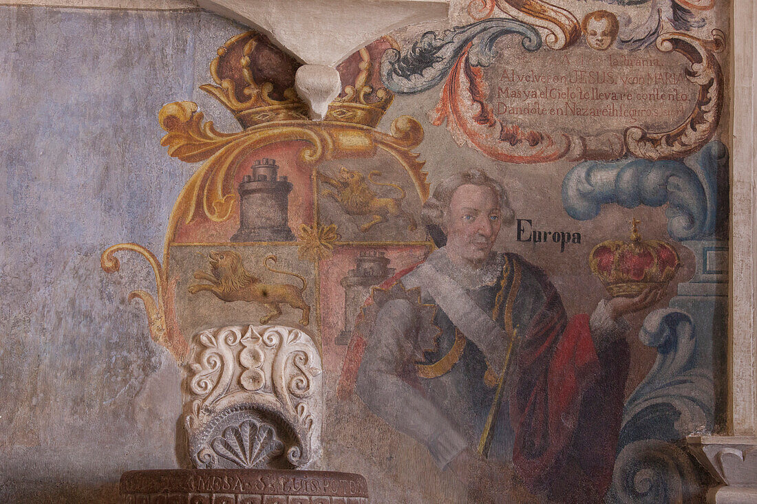 Mexico, State of Guanajuato, Baroque frescoe at the entrance representing Europe, sanctuary of Jesus Nazareno de Atotonilco, 18th century