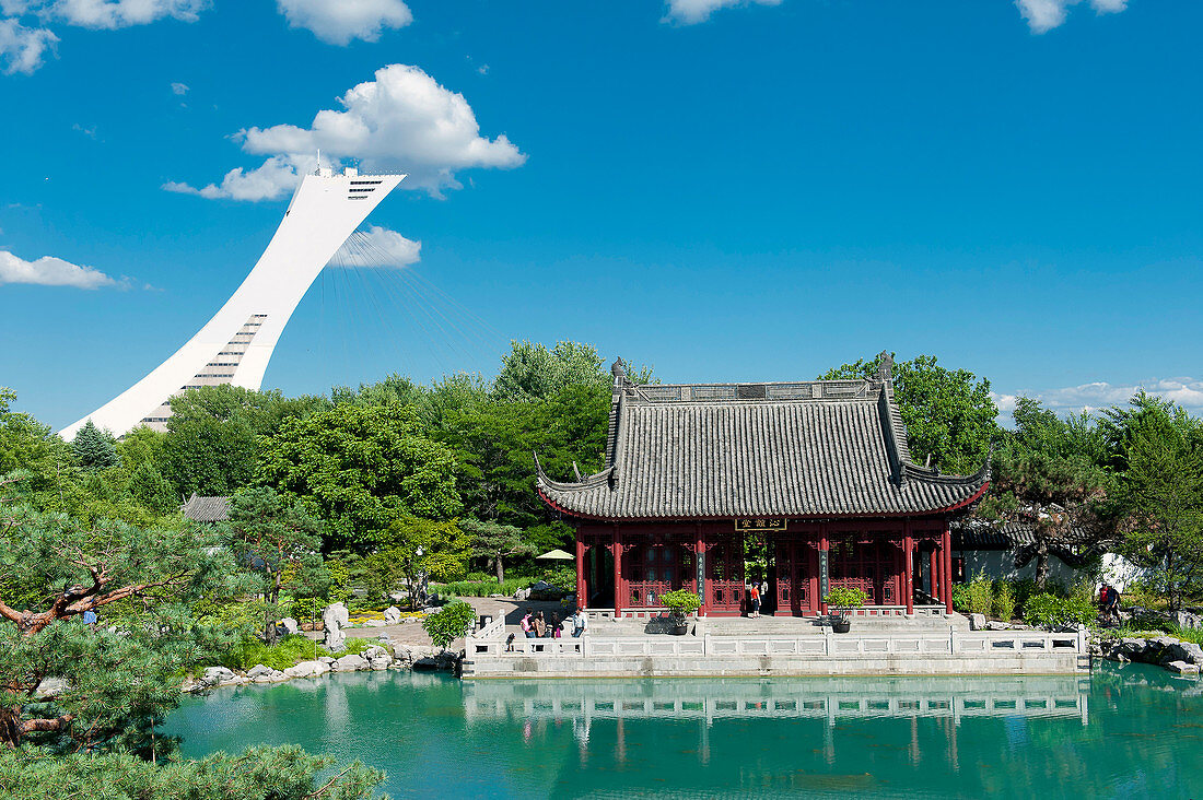 Canada, Province of Quebec. Montreal. District Hochelega-Maisonneuve (HoMa). The botanic garden. The Chinese garden. In the background: the olympic stadium tilted tower