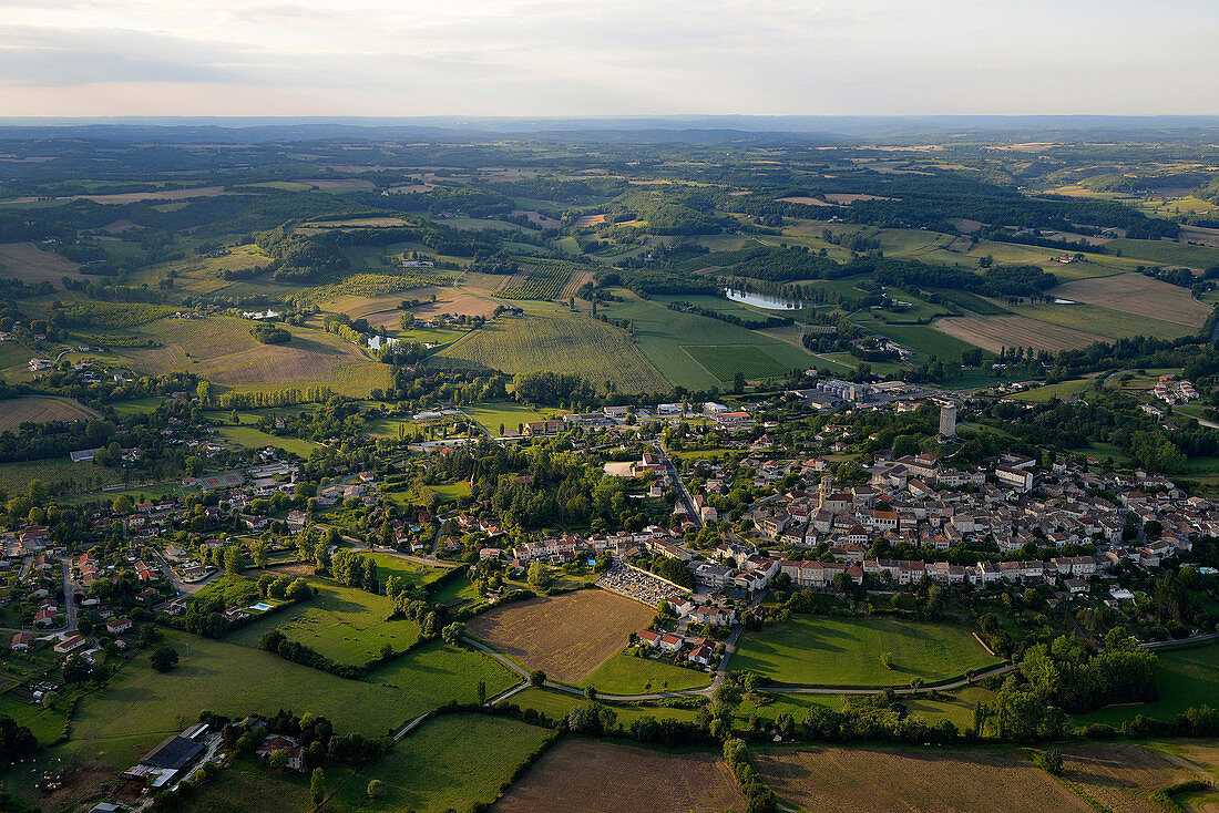 France, Lot, aerial view of the town and countryside of Montcuq