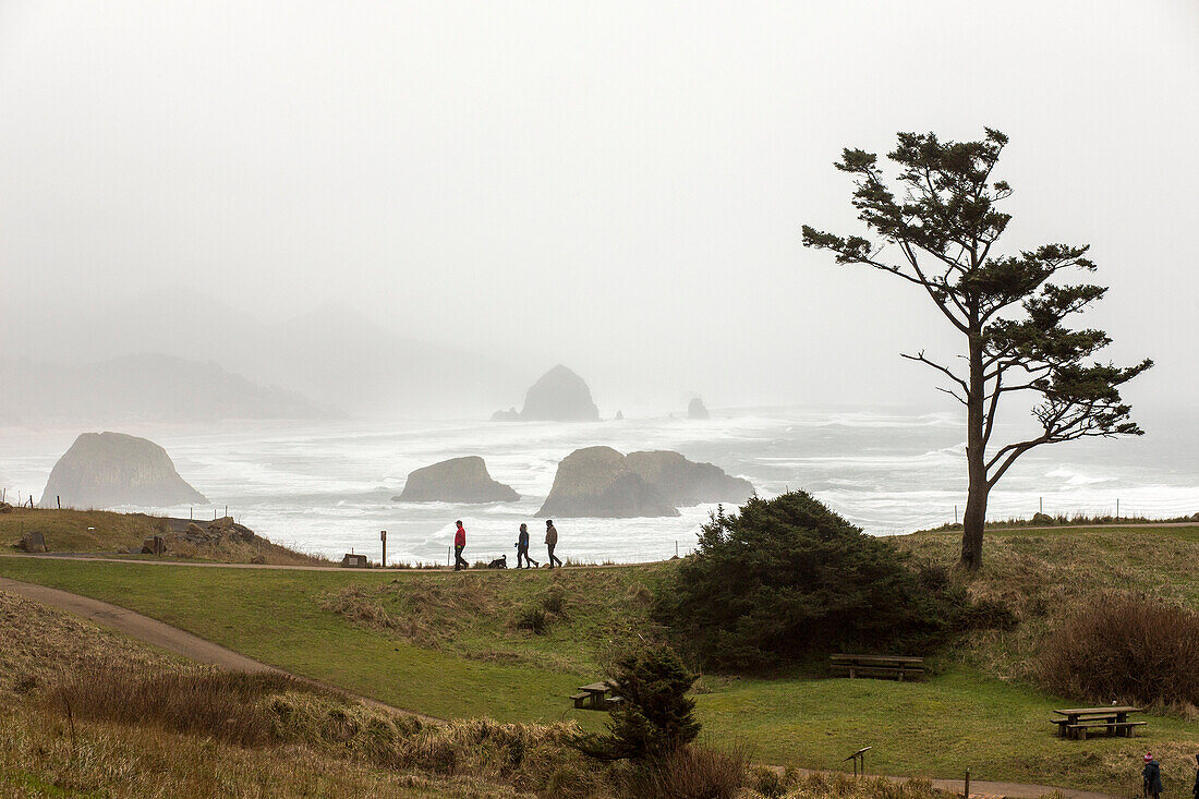 Distant people walking near foggy ocean