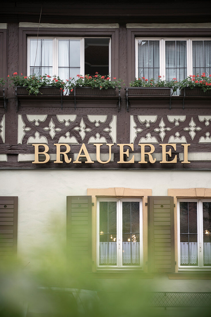 schöne Fachwerk Fassade mit dem Hinweis "Brauerei", Bamberg, Region Franken, Bayern, Deutschland, UNESCO Welterbe