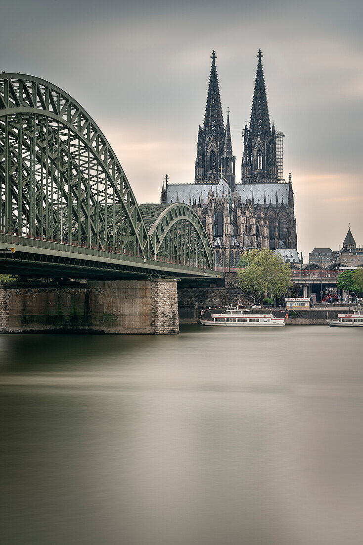 UNESCO World Hermitage Cologne cathedral and Hohenzollern Bridge across the river Rhine, Germany