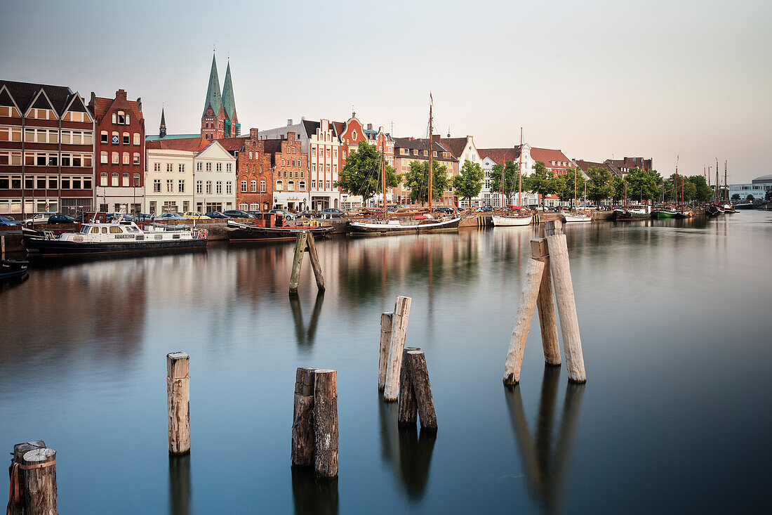 UNESCO World Heritage Hanseatic Town Luebeck, view across the river Trave towards the historic town, Luebeck, Schleswig-Holstein, Germany