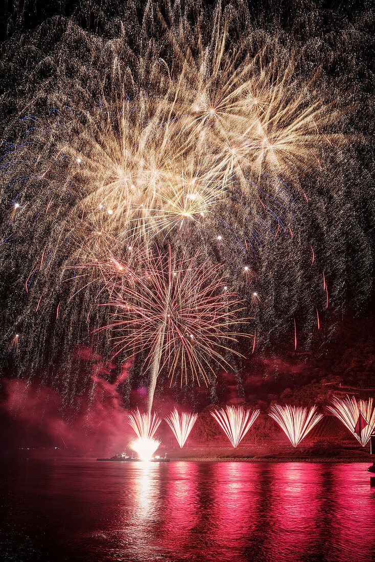 UNESCO World Heritage Upper Rhine Valley, fireworks event „Rhine in Flames“, Bacharach, Rhineland-Palatinate, Germany