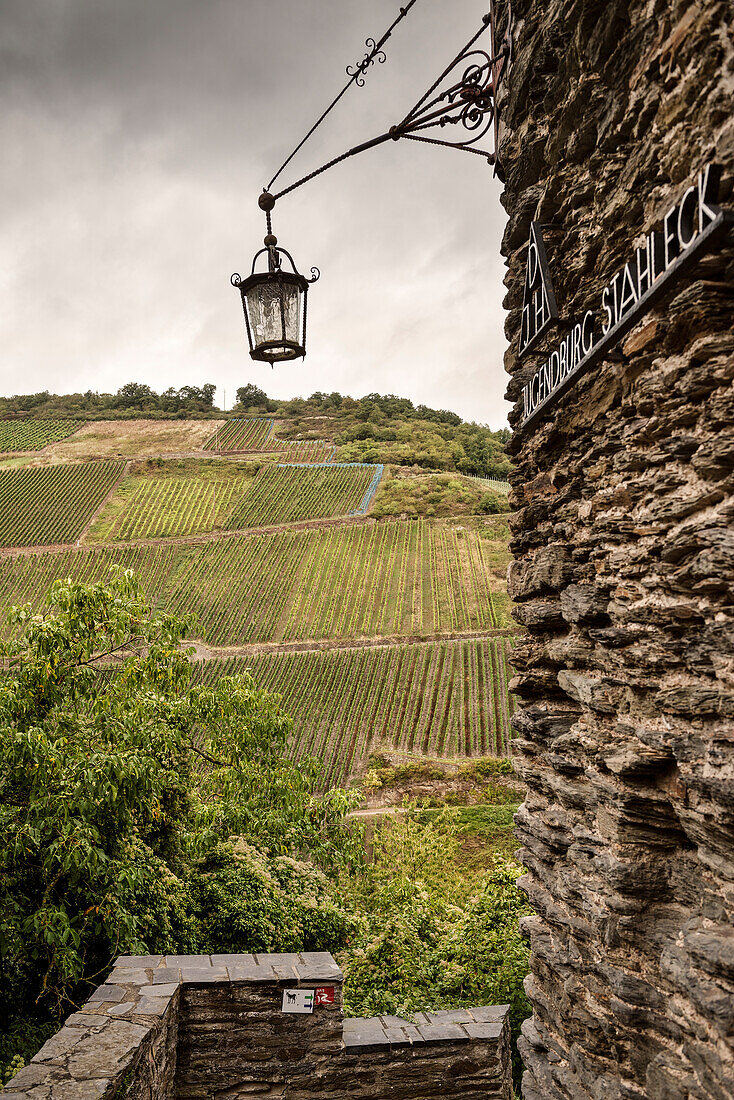 UNESCO World Heritage Upper Rhine Valley, Stahleck castle, view of the surrounding wine growing area, Rhineland-Palatinate, Germany