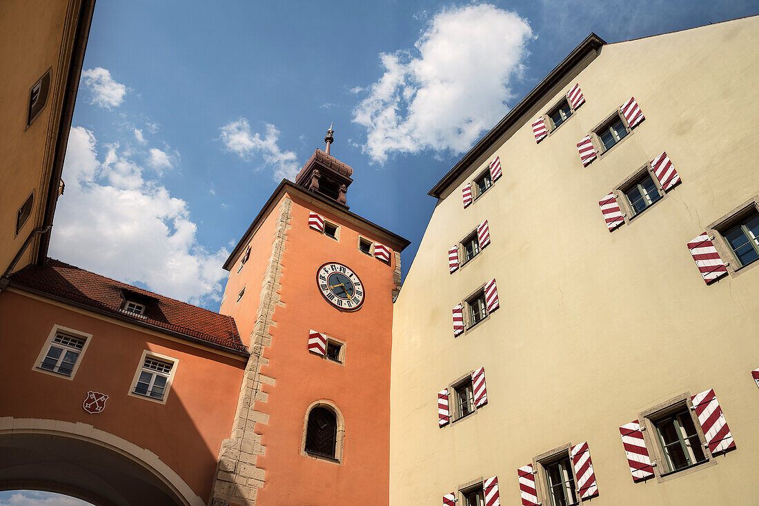 UNESCO World Heritage Old Town of Regensburg, bridge tower on way to the old stone bridge, Regensburg, Bavaria, Germany