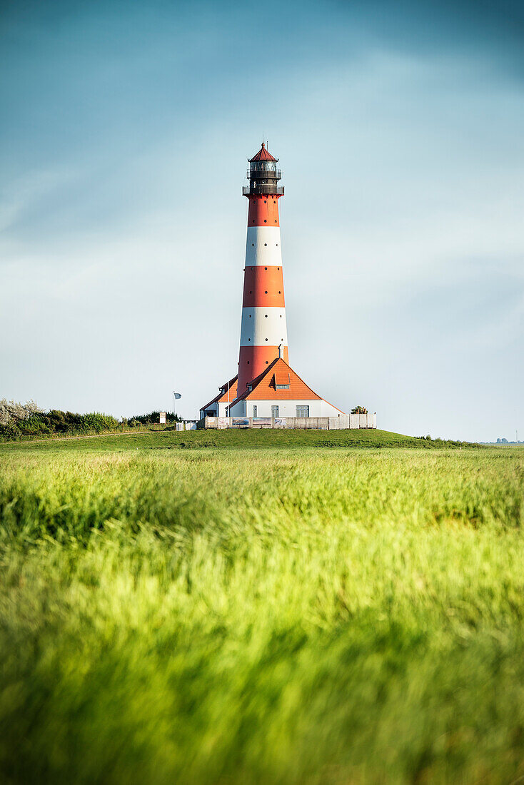 UNESCO Weltnaturerbe Wattenmeer, Leuchtturm Westerheversand umgeben von Salzwiesen, Westerhever, Schleswig-Holstein, Deutschland, Nordsee