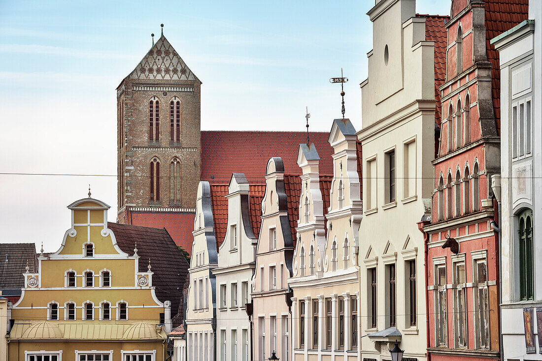UNESCO World Heritage Hanseatic city of Wismar, church tower of the Nikolai church and gable roof buildings, Wismar, Mecklenburg-West Pomerania, Germany