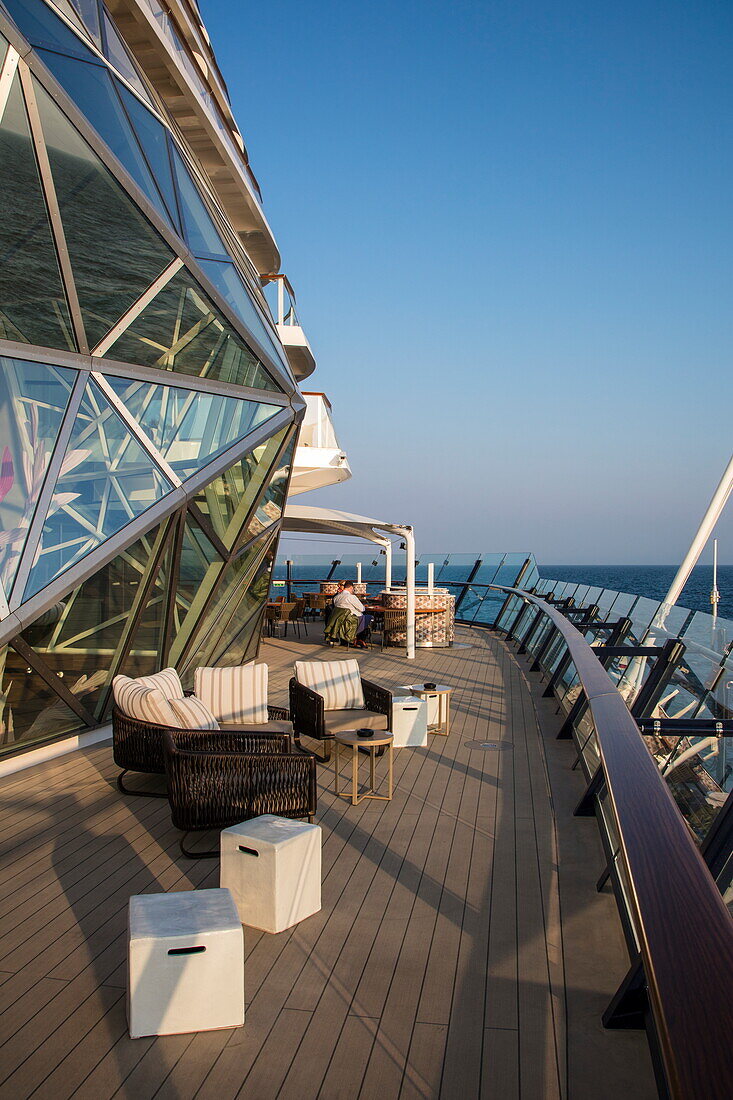Outdoor seating at Champagner Treff aboard cruise ship Mein Schiff 6 (TUI Cruises), Baltic Sea, near Denmark