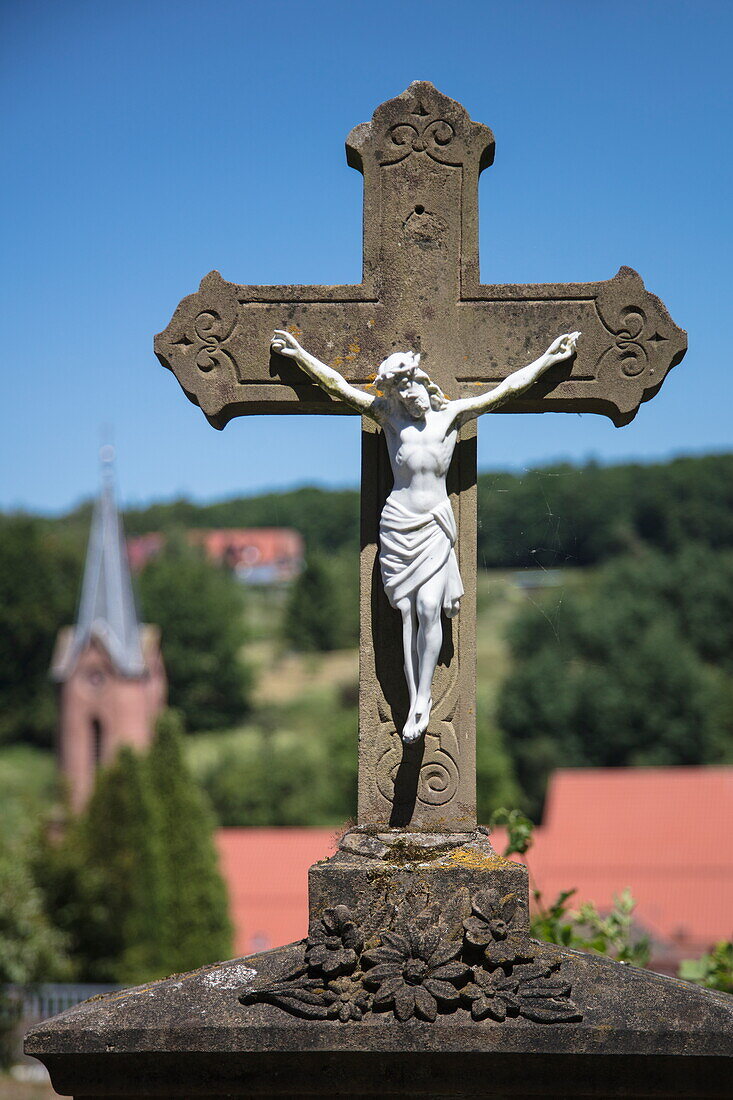 Crucific stone in graveyard, Weibersbrunn, Spessart-Mainland, Franconia, Bavaria, Germany