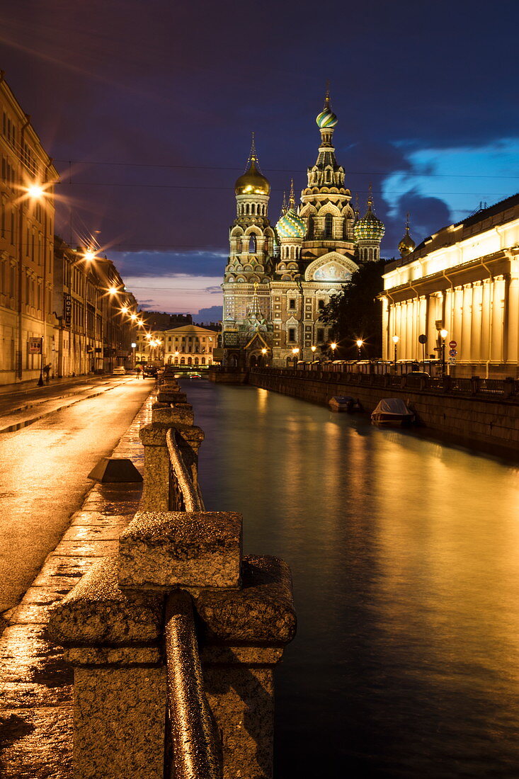 Church of the Savior on Spilled Blood (Church of the Resurrection) and canal at night, St. Petersburg, Russia