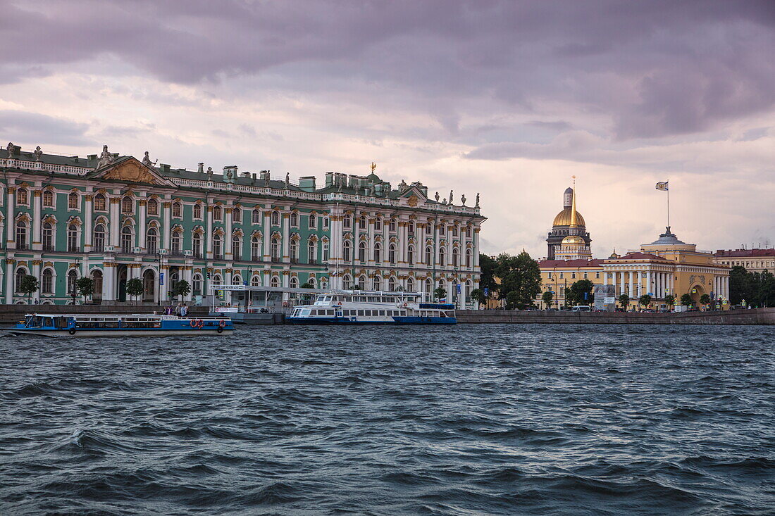 Sightseeing boat excursion on Neva river, St. Petersburg, Russia