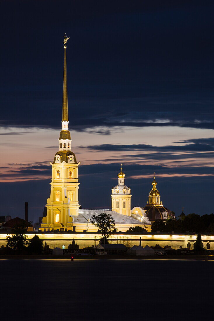 'Illuminated Peter and Paul Cathedral in Peter and Paul Fortress during ''White Nights'' at night, St. Petersburg, Russia'
