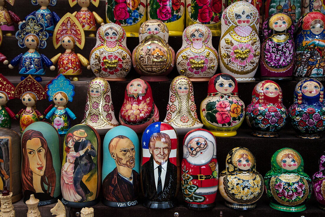 Uniquely designed matryoshka dolls for sale at souvenir stand, Uglich, Russia