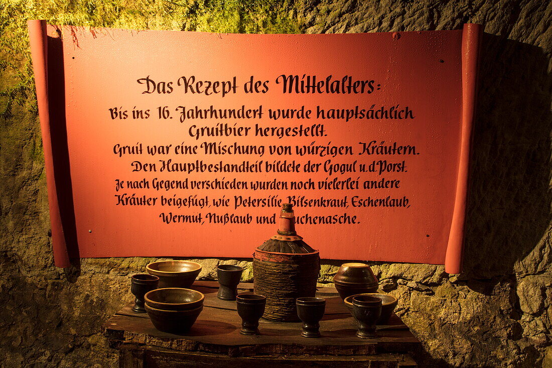 Reinheitsgebot sign on display in underground Katakomben catacomb tunnel system of Bayreuther Bierbrauerei AG, Bayreuth, Franconia, Bavaria, Germany